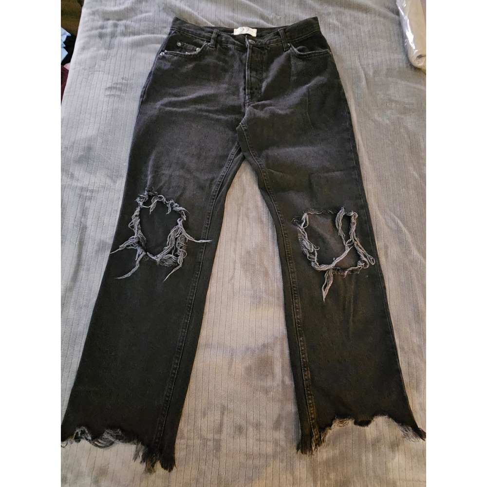 Free People We‎ The Free Black Distressed Straight Leg Jeans Button Fly size 27